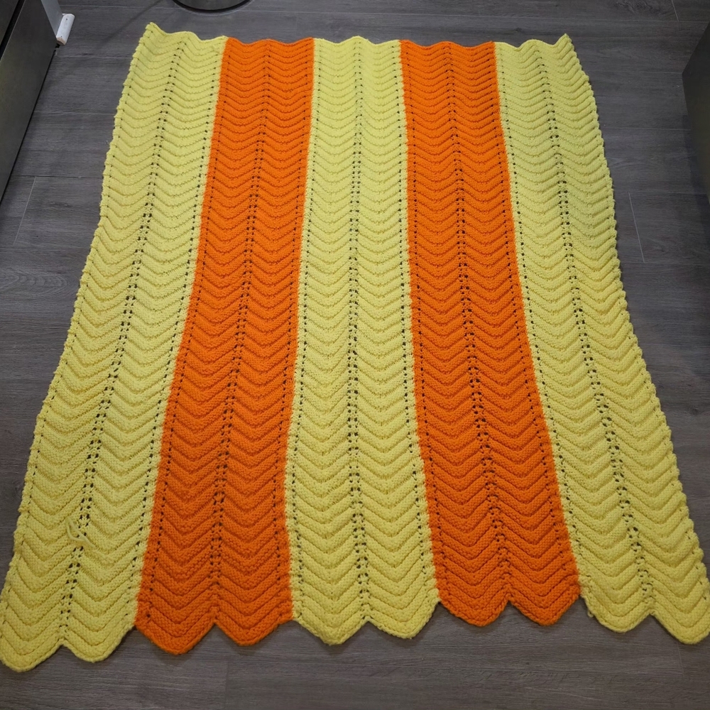 Vintage 90's Homemade Knit Throw 45 By 54 Orange Yellow Lap Blanket